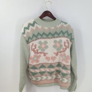Vtg Y2K View Point Hand Knitted Fair Isle Floral Pullover Sweater Multicolor L
